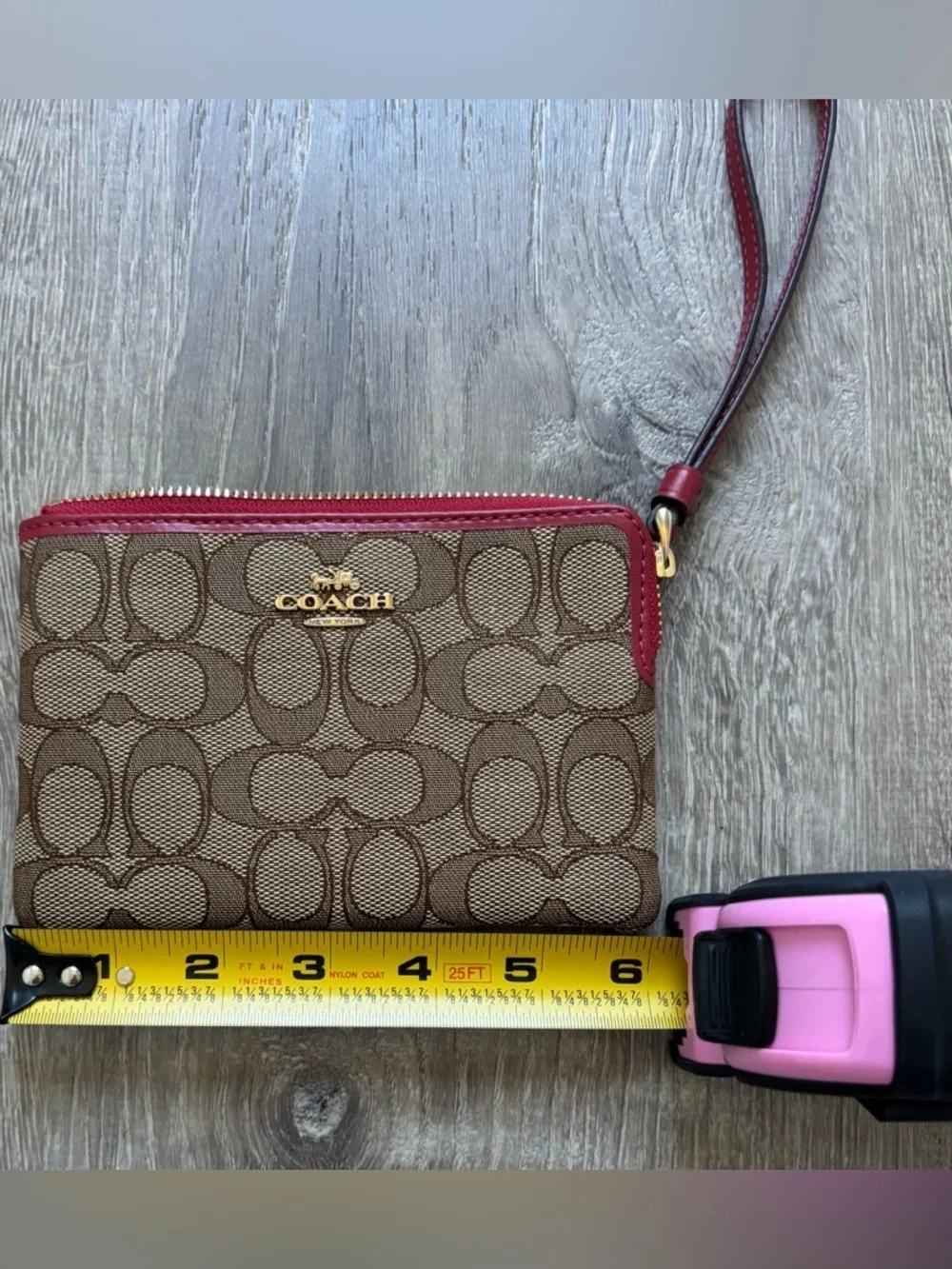 NWOT Coach Brown Signature Canvas Wristlet with Red Trim
